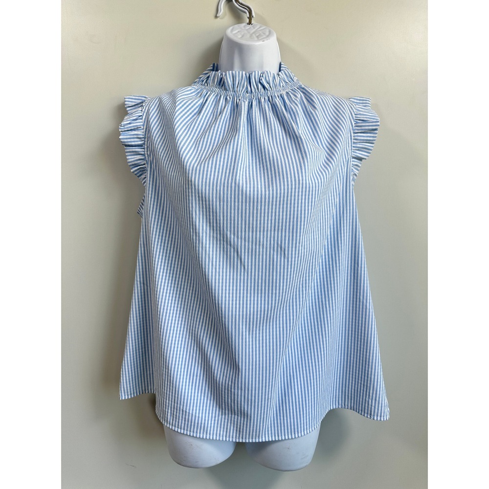 2 Hearts Blouse Blue Striped Seersucker Ruffle Coastal Preppy Chic Medium Office